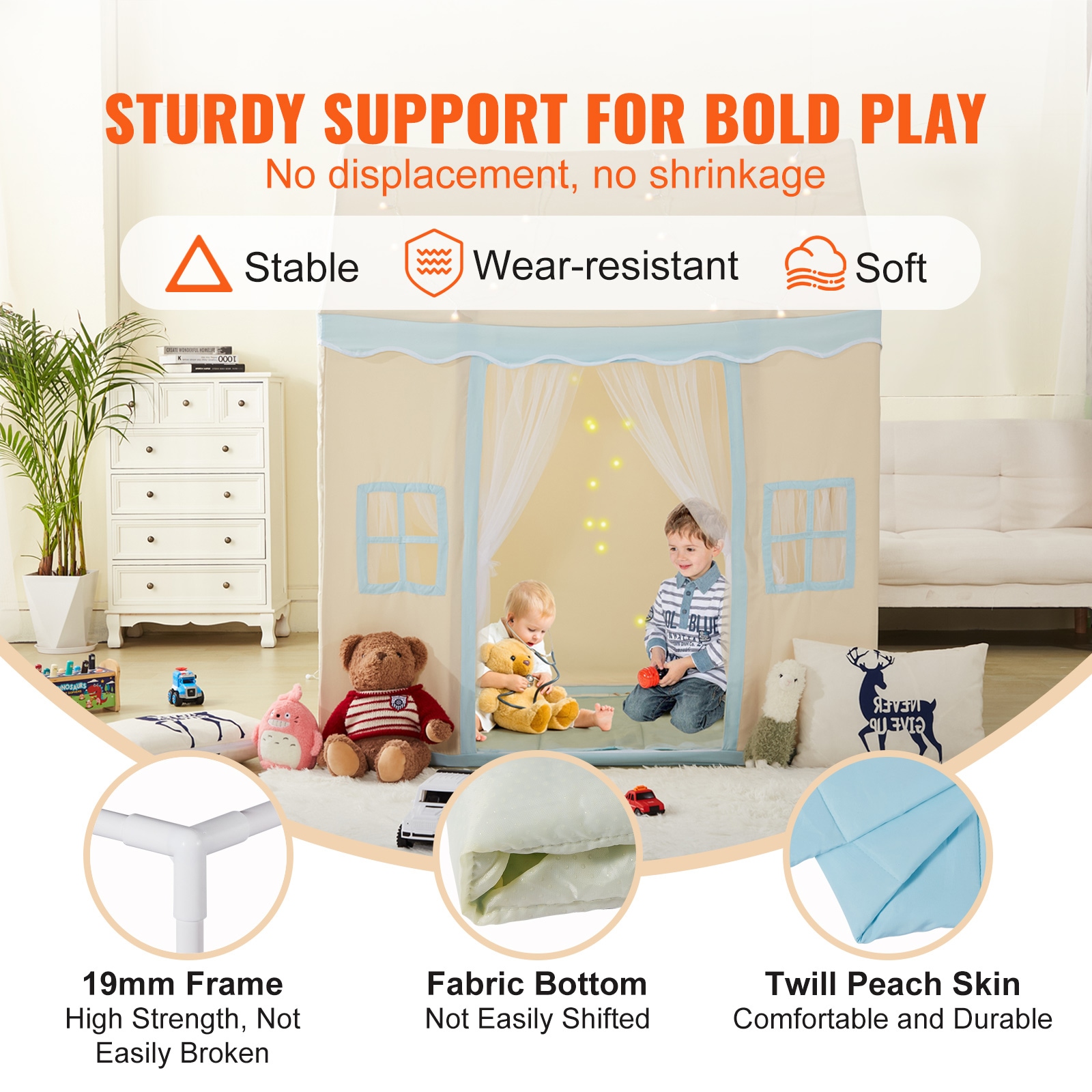 Beige Kids Play Tent Castle With Mat And Lamp For Indoor Outdoor_voghion.com